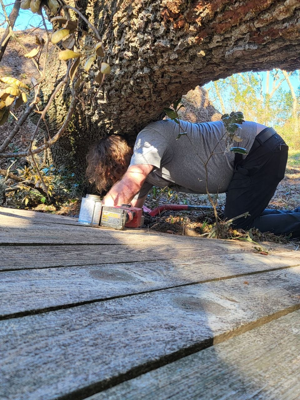 Robert working beneath a fallen tree while tracing Donna’s buried water line