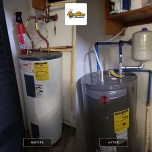 Before and after comparison of an old Rheem electric water heater and a new Rheem electric water heater installed by Honey Bee Plumbing